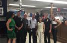 Greenwich Village-Chelsea Chamber of Commerce members posing for a photo with Sixth Precinct officers, including Maria Diaz, G.V.C.C. executive director, at far left; Ken Russo, fourth from left; Rocio Sanz, third from right; and Mathew Heggem, far right.